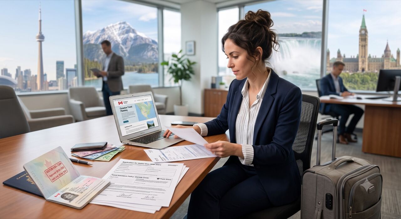 An applicant at an office desk reviewing a Canada visitor visa application form, with an approved visa in her passport, Canadian dollars and a travel-planning site open on the laptop.