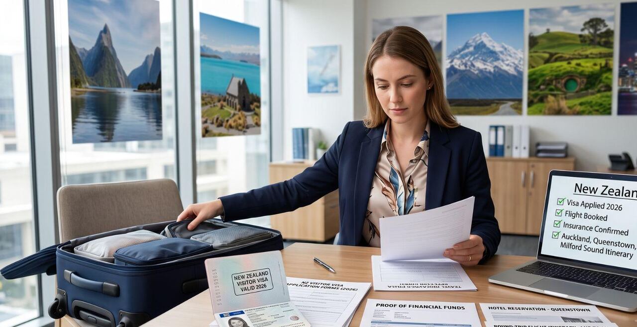 An applicant packing a suitcase while reviewing New Zealand visitor visa forms, proof of funds and hotel reservations, with a checklist of visa, flight and insurance confirmations on the laptop beside her.