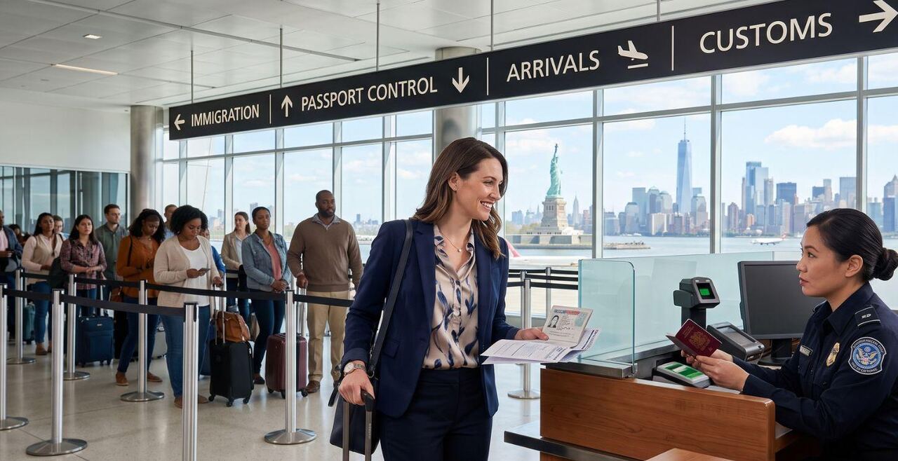 A traveller presenting her passport at a US airport passport-control desk, under signs for immigration, arrivals and customs, with the New York skyline through the windows behind.